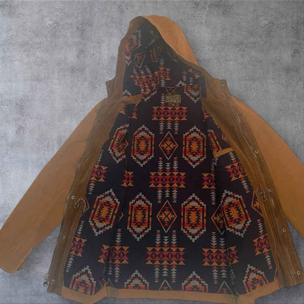 Vtg Lucky Brand Canvas Barn Chore‎ Coat Jacket Mens M Aztec Blanket Lined Hood